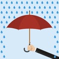 Hand holding an umbrella. Rain protection icon with water drops. Insurance and business sign. Vector illustration